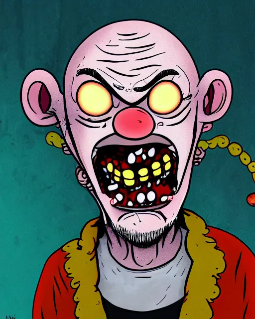 Prompt: portrait of an ugly old possessed crying clown in the style of justin roiland. ugly, creepy, demonic, horror. cinematic lighting. photographic, photography. by justin roiland