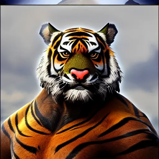 Prompt: portrait of an antropomorphic bengal tiger berserker, wild look, mattepainting concept blizzard pixar maya engine on stylized background splash comics global illumination lighting artstation, sharp focus, norman rockwell