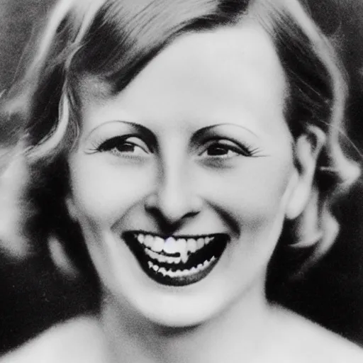 Image similar to a 1 9 2 8 portrait. happy, healthy, smiling, sporty, glowing greta garbo in athletic wear with big smile and healthy teeth.