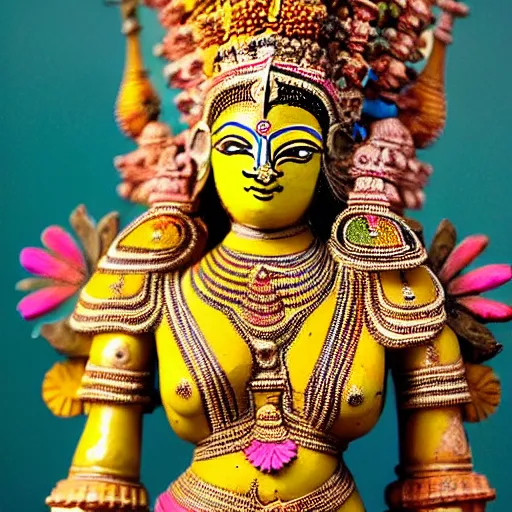 Image similar to a woman wearing an armor and head - dress. the armor and head - dress is made out of the colors, textures and sculptures of the meenakshi temple in madurai. intricate. detailed.