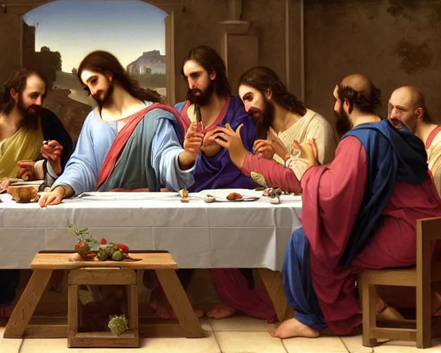 Prompt: beautiful glorious realistic oil painting of the last supper, baroque style in the style of bouguereau, highly detailed and photorealistic, 8 k high detail and intricate