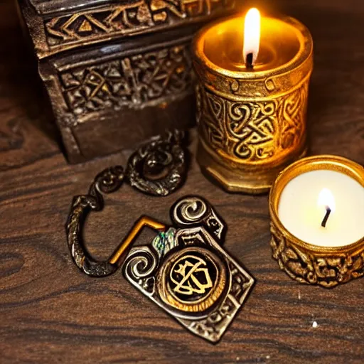 Image similar to a large ornate key with gems and engraved runes, next to a candle on a rough wooden dungeon table, very dark, candlelig, d & d, photo