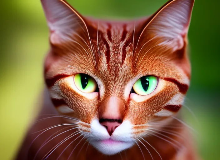 Image similar to 5 5 mm portrait photo of a redhead cat's face with ( ultra detailed cat - eyes ). highly detailed 8 k. intricate. lifelike. soft light. nikon d 8 5 0. cinematic post - processing