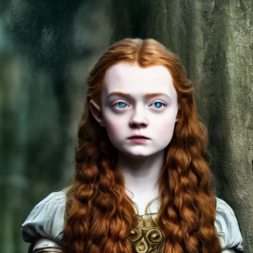 Image similar to a portrait of an elvish young girl, looking like Sadie sink, wild hairstyle, 8k, beautiful