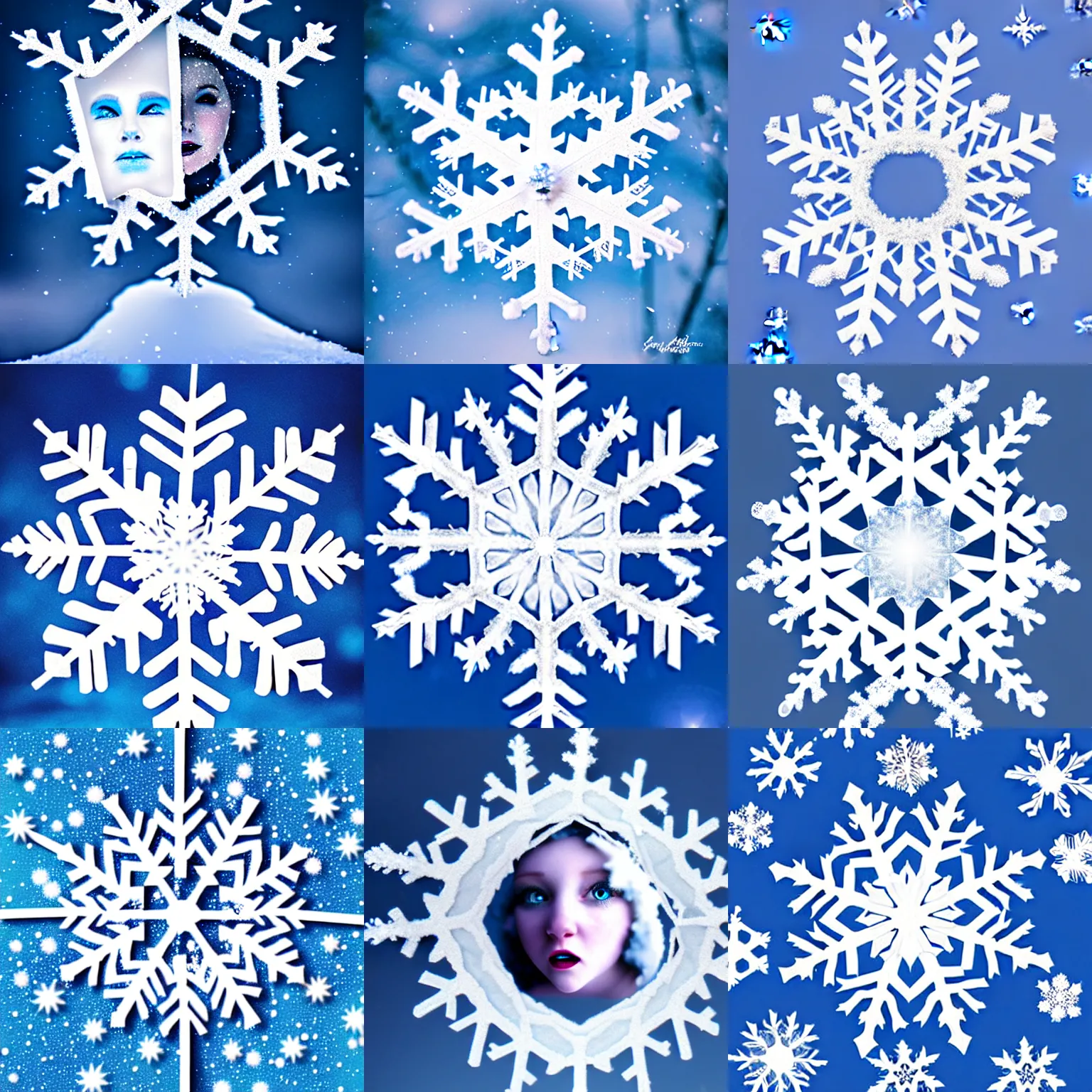 Prompt: surreal photography snowflake with embedded snow queen face