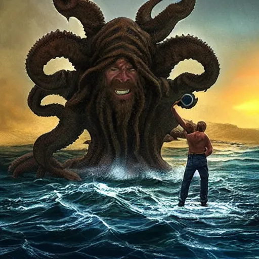 Image similar to chuck norris Fight with the giants cthulhu, cgi