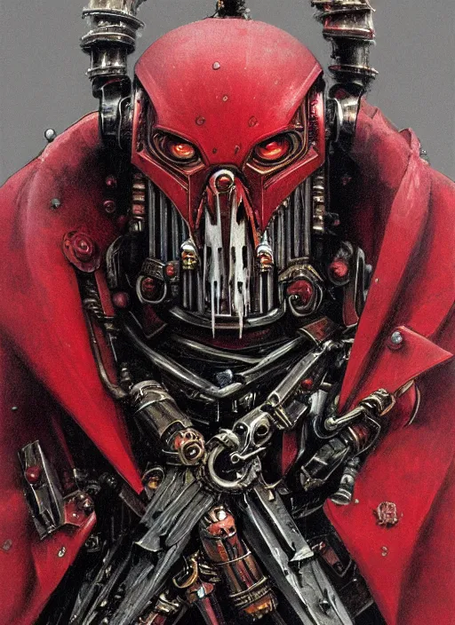 Prompt: portrait of rotten flash head adeptus mechanicus in red hood and robe from Warhammer 40000. Highly detailed, artstation, illustration by and John Blanche and zdislav beksinski and wayne barlowe