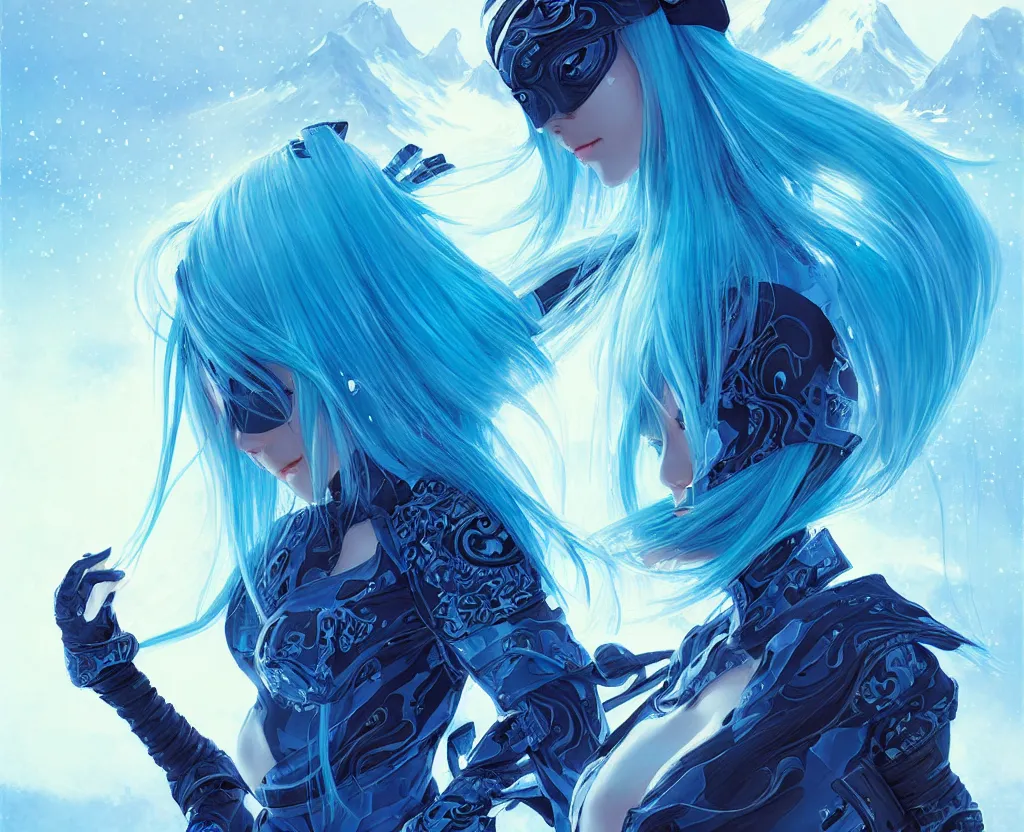 Image similar to portrait light cyan hair ninja gaiden girl, black plus little blue ninja wardrobe, at snowy fuji mountain sunrise, ssci - fi and fantasy, intricate and very very beautiful, detailed, digital painting, artstation, concept art, smooth and sharp focus, illustration, art by tian zi and wlop and alphonse mucha