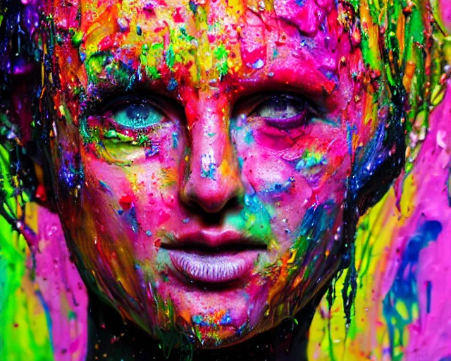 Image similar to still shot close up footage of the portrait of a female head made of acrylic pour and coloured powder explosion and splashing paint and dripping paint and flying paint chunks, motion blur, hyperrealistic, medical, intricate art photography, anatomically correct, realistic crisp textures, 1 6 k