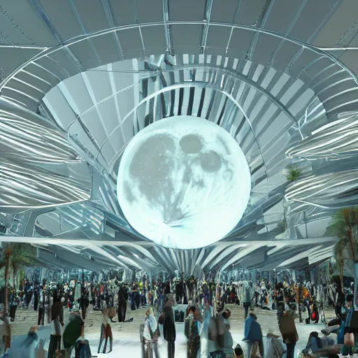 Image similar to octane render, industrial light magic, sharp professional photo inside a high - end luxurious beautiful utopian futuristic moon worlds fair, ultradetailed, photorealistic