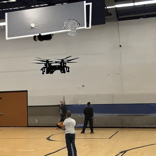 Prompt: flying drone robot with basketball hoop and backboard on the drone body