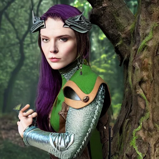 Prompt: anya charlota as a medieval fantasy wood elf, dark purple hair tucked behind ears, wearing a green tunic with a fur lined collar and leather armor, short, muscular build, scar across nose, one black, scaled arm, wielding a battleaxe, cinematic, character art, digital art, forest background, realistic.