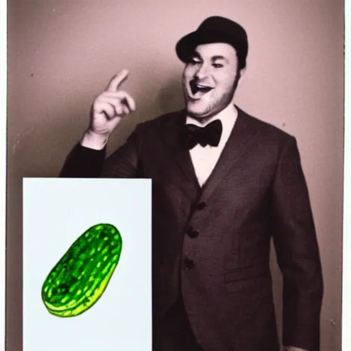 Image similar to a dapper man posing excitedly with a giant pickle Polaroid