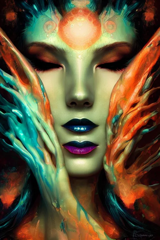 Image similar to a centered render of an alluring goddess wearing a psychedelic mask surrounded by a underwater ink pour, perfect face, powerful, cinematic, beautifully lit, by artgerm, by karol bak, 3 d, trending on artstation, octane render, 8 k