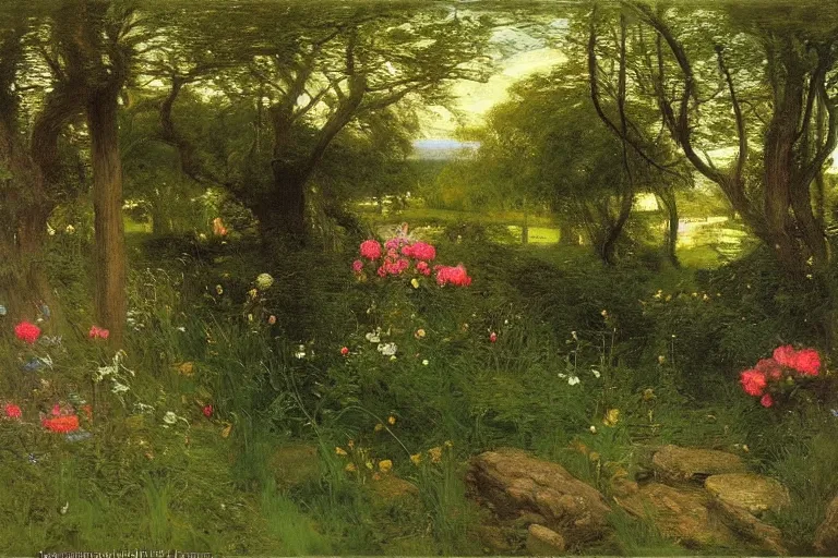 Image similar to secret garden, lush, floral, botanical, romanticism, dreamy, light, summery, john everett millais hudson river school