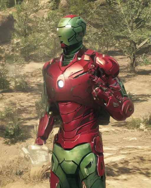 Image similar to green iron man suit in red dead redemption 2, cinematic, photorealistic