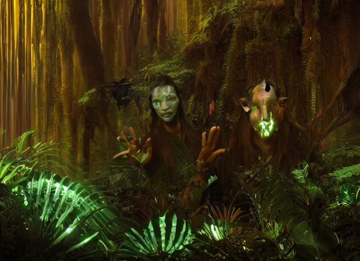 Prompt: still from a feature film avatar in style of wayne barlow, karol bak, nature futurism, pagan occultism, bio - luminescent jungle mystical colors, rim light, beautiful lighting, 8 k, stunning scene, raytracing, : : anamorphic lens, hyper - real, : : 8 k