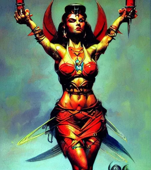 Image similar to portrait of strong iranian female chaos angel, beautiful! coherent! by frank frazetta, by brom, strong line, vivid neon color, shining metal power armor, iron helm, high contrast, maximalist