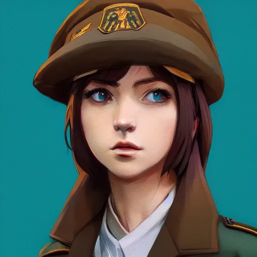 Image similar to symmetrical portrait bust of young woman with shoulder length light brown hair and hazel eyes dressed in a sharp dark teal military uniform and beret, anime, ilya kuvshinov, greg rutkowski, guweiz, ross tran, loish, svetlana tigai, artgerm, artstation trending, concept art, digital painting, painterly