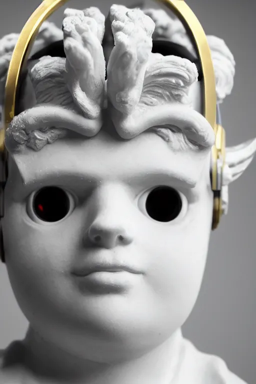 Image similar to cinematic close up portrait of Cupid wearing a golden Oculus VR headset on his face. Centered, uncut, unzoom, ultra realistic, zenith view, polished white marble, unreal engine, ray tracing, hd, 4k, Dslr, tiltshift, dof. 64megapixel.