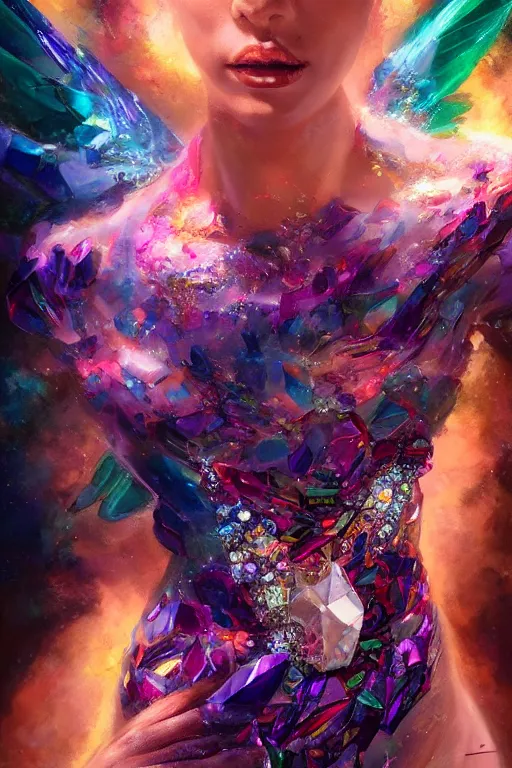 Prompt: torso closeup model wearing exploding into multicolored glass and crystal dress, sorcerer, diamonds, angel, fantasy, dramatic lighting, highly detailed, digital painting, holding electricity, magic the gathering, hyper detailed, 3 d render, hyper realistic detailed portrait, peter mohrbacher, wlop, ruan jia