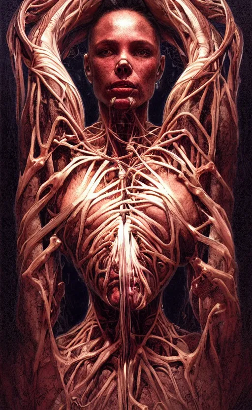 Prompt: portrait of a dark god, bloody wires, visible veins and nerves and muscles and bones and arteries, intricate, headshot, highly detailed, digital painting, artstation, concept art, sharp focus, cinematic lighting, illustration, art by artgerm and greg rutkowski, alphonse mucha, cgsociety