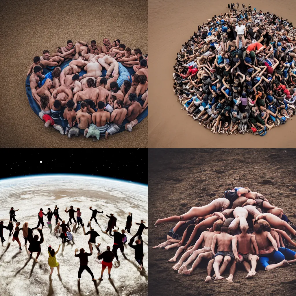Prompt: a pile of humans one on top of each other covering a planet. Photography