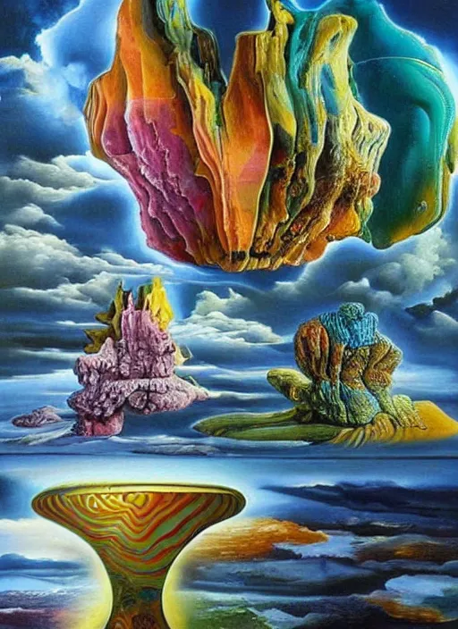 Image similar to an extremely high quality hd surrealism painting of a 3d polished chrome galactic neon complimentary colored cartoon surrealism melting mandelbulb3d fractal by kandsky and salvia dali the fourth, salvador dali\'s much much much much more talented painter cousin, 4k, ultra realistic, super realistic, so realistic that it changes your life