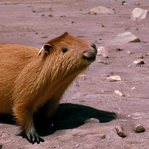 Prompt: a capybara in mars talking to a man