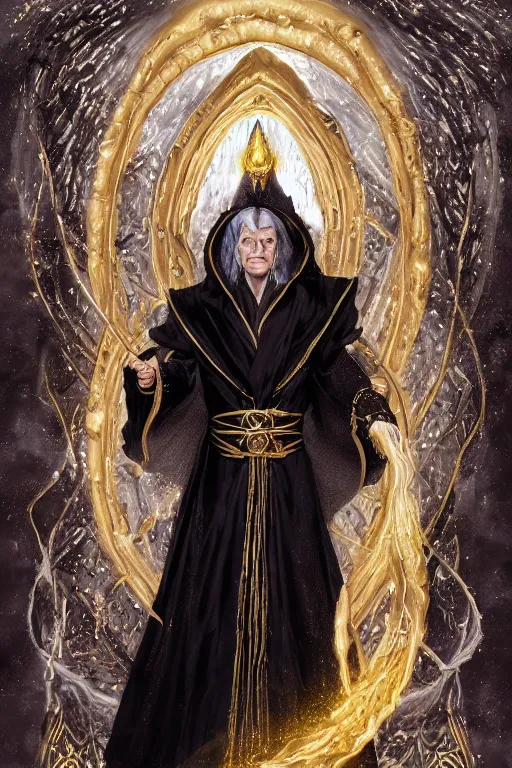 Prompt: An highly detailed portrait painting of Raistlin Majere with skin of metallic gold, white hair, hourglass shaped eye irises, in elegant black robes with gold embroidered fabric borders, Staff with a dragon claw at the top holding a magic crystal, by Greg Rutkowski, Wizards of the Coast, Magic The Gathering, D&D, fantasy, Craig Mullins, trending on Artstation.