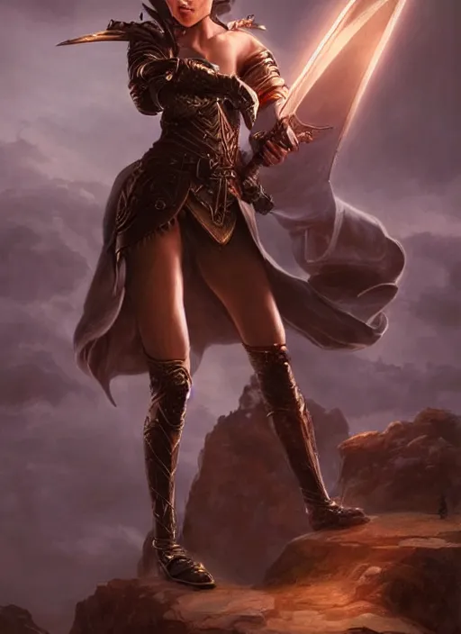 Image similar to female elf with two swords in her hands, painted by artgerm and tom bagshaw, fantasy art, dramatic lighting, highly detailed oil painting