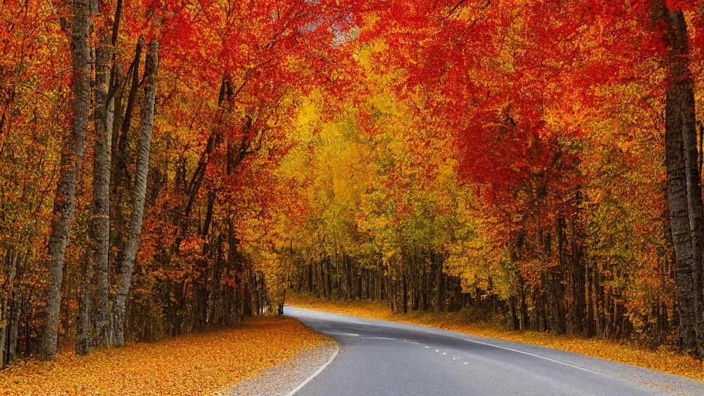 Prompt: a photograph of a country road! lined on both sides by maple and poplar trees, in the autumn, red orange and yellow leaves, some leaves have fallen and are under the trees and on the! road