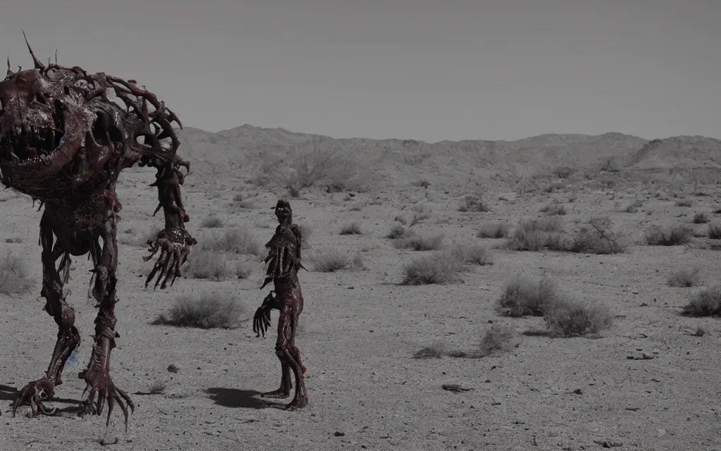 Image similar to in the desert a bloody gross horrifying The Thing creature made of muscle and bone and blood stares at the camera, eating, it walks on two legs, mid day, 35mm photography, realistic,