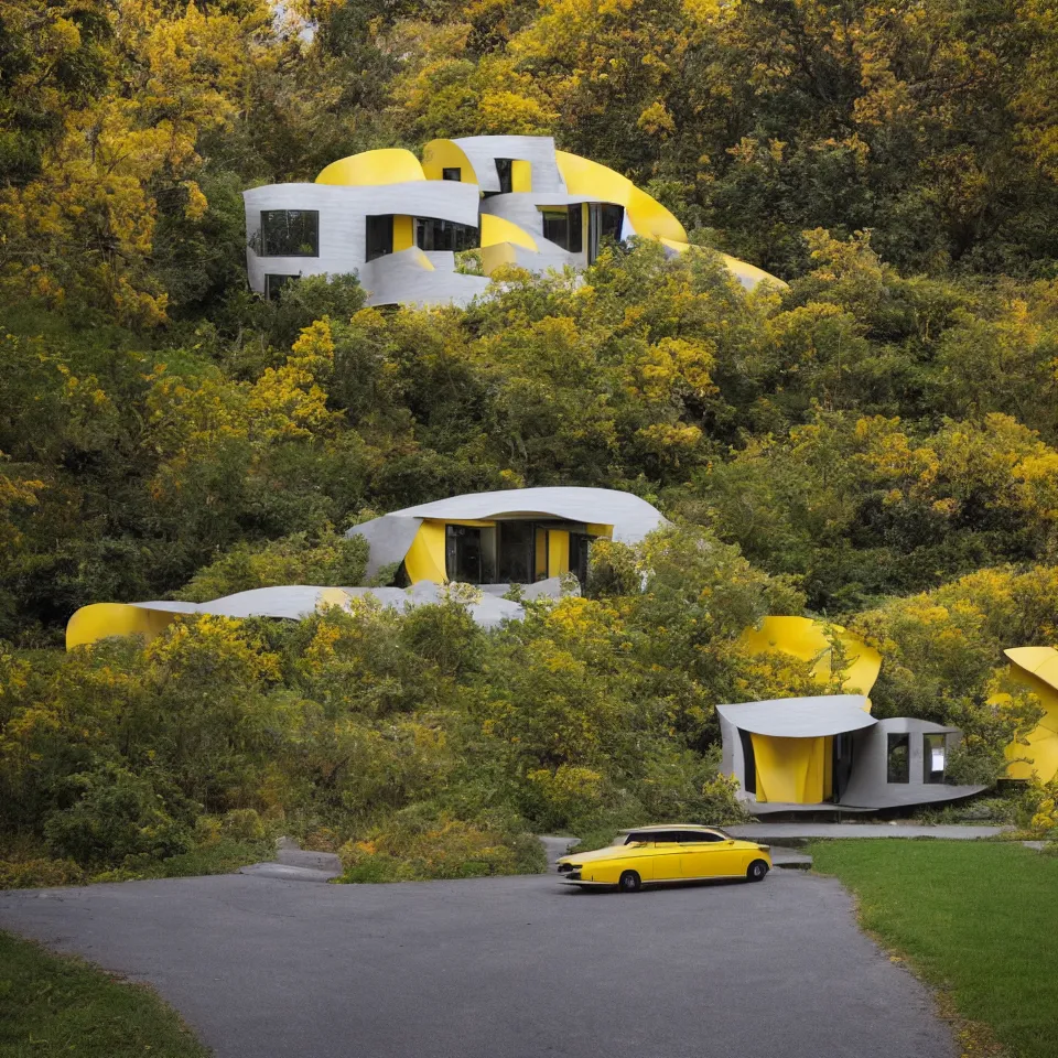 Image similar to a flat leveled bungalow designed by Frank Gehry. Tiles. Gravel driveway. Film grain, cinematic, yellow hue