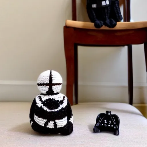 Image similar to knitted doll dart vader sitting on a chair, lethal preservation, proportions, high quality, realism, foreground focus,