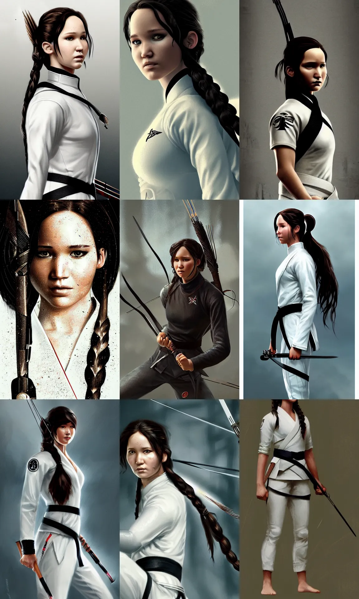 Image similar to katniss everdeen as a karate black belt, wearing a white gi, digital portrait by greg rutkowski, intricate, sharp focus, cinematic, epic, artstation