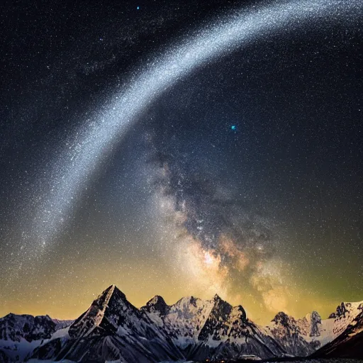 Image similar to Galactic arch, snowy mountains and lakes, in the style of National Geographic magazine, astronomical photography