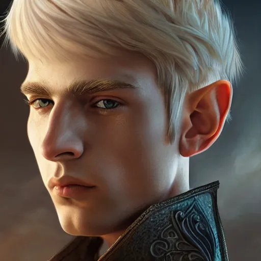 Prompt: masterpiece ultra realistic illustration of a male elf with blonde hair, intricate, dramatic, cinematic, fantasy, highly detailed, smooth, sharp focus. in the style of artgerm, unreal engine 5, artstation trending.