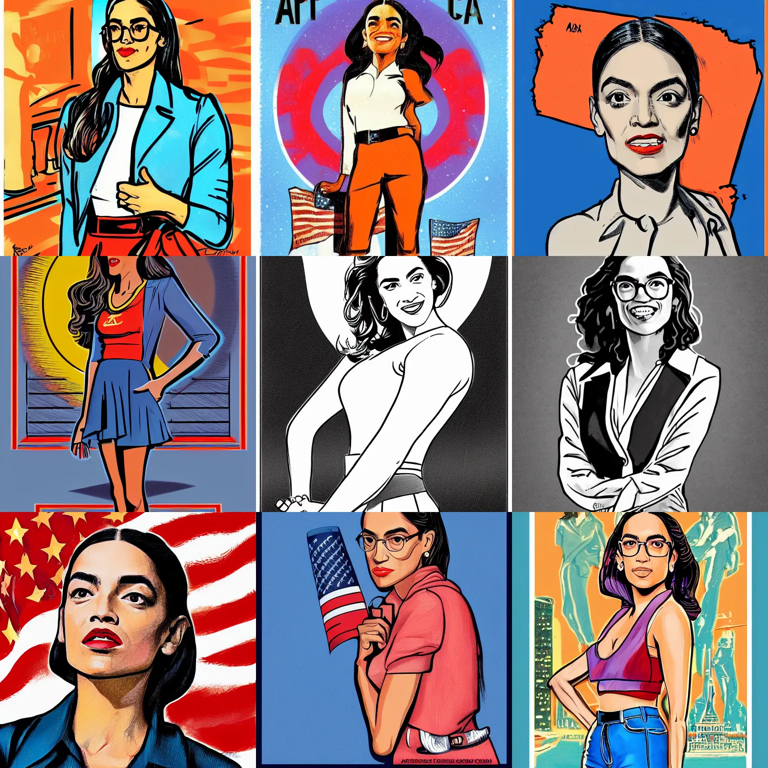 Prompt: alexandria ocasio cortez done in the art style of reynold brown, vintage art, full body illustration