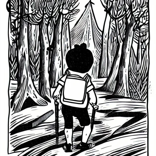 Image similar to mcbess illustration of a little boy with a backpack in a forest