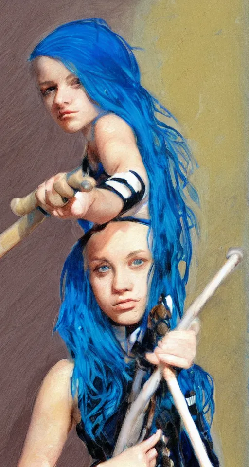 Prompt: portrait of a teenage rocker girl from the 9 0 s, blue hair, blue eyes, wielding a staff, in the style of joaquin sorolla, bill sienkiwicz, syd mead, atmospheric, detailed