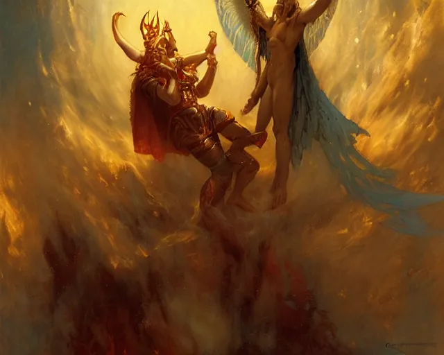 Image similar to attractive demonic male deity, casting magic, summoning handsome lucifer morning star. highly detailed painting by gaston bussiere, craig mullins, j. c. leyendecker 8 k