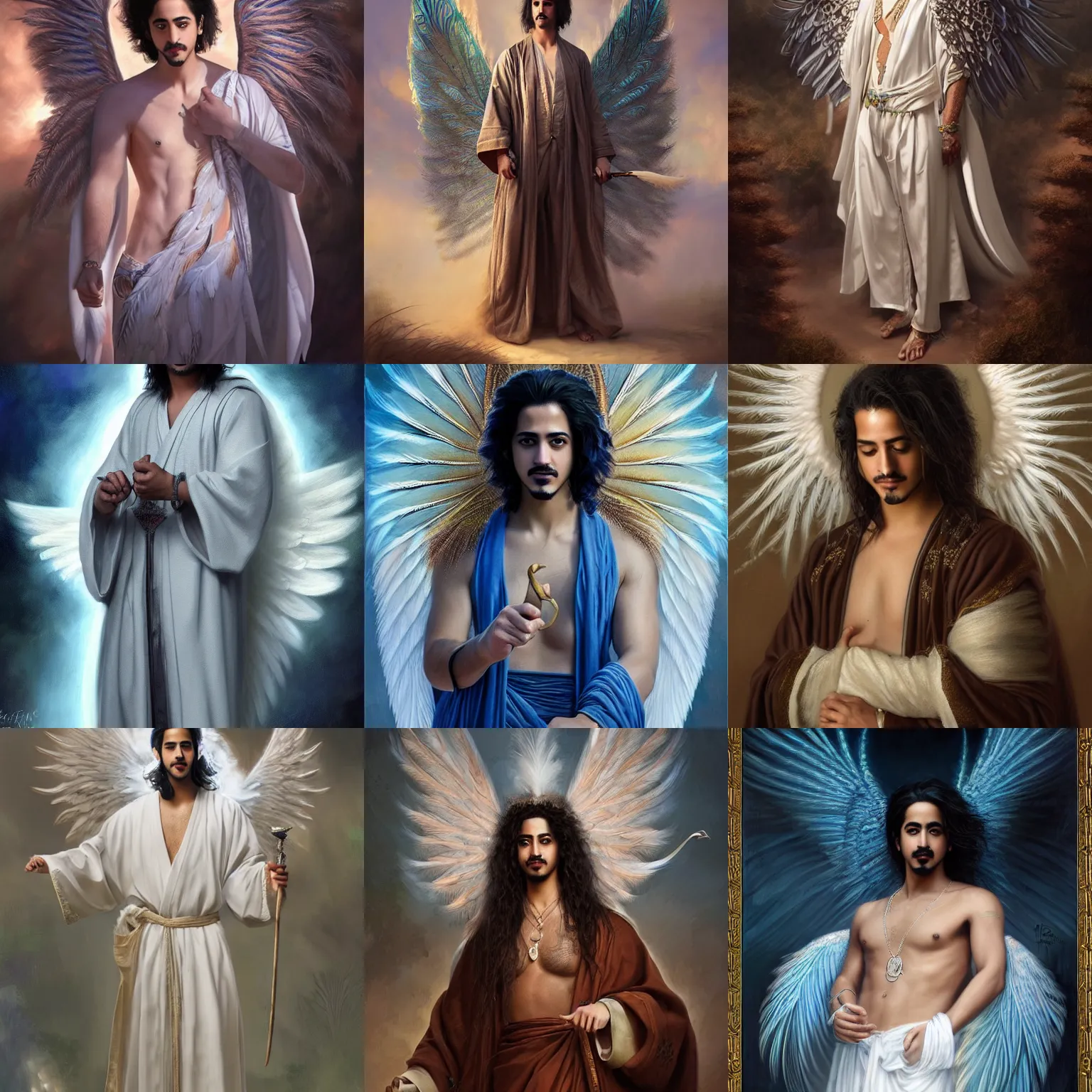 Prompt: avan jogia as an angel. peafowl feathers. long robes. digital painting, detailed, 8 k, trending on artstation, smooth, sharp focus artwork by mark arian, artgerm, mark keathley, greg rutkowski