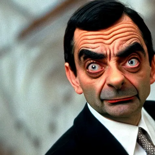 Image similar to a movie still of mr bean as a 1 9 8 0 s supervillain