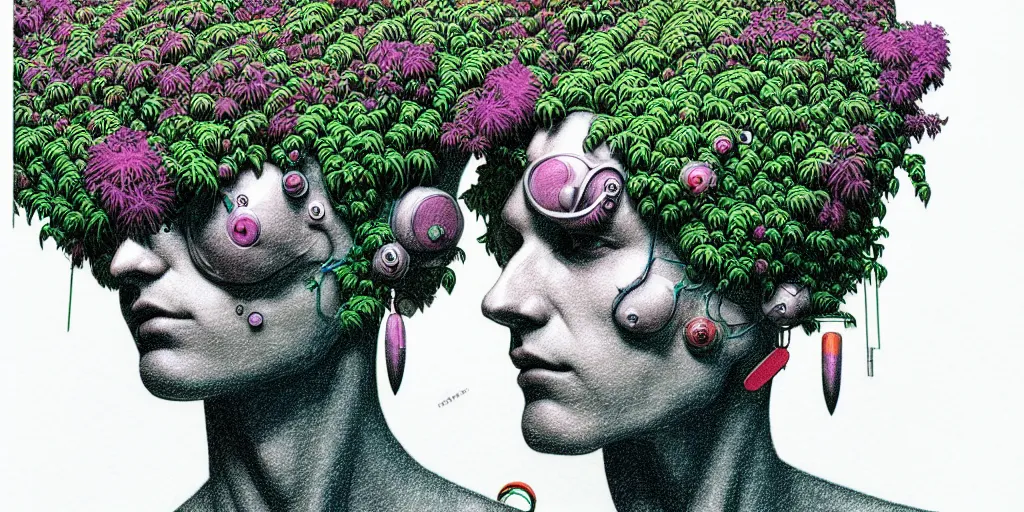 Image similar to risograph grainy drawing futuristic sci - fi antagonist face wearing earrings, photorealistic colors, face covered with plants and flowers, by moebius and satoshi kon and dirk dzimirsky close - up portrait, hyperrealistic