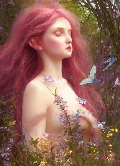 Image similar to hyper realist matte digital painting of a beautifyl fairy, resembling lily cole, in a sunlit clearing, flowers, fairytale, fantasy art, photo realistic, dynamic lighting, artstation, volumetric lighting, by mucha, by charlie bowater, by karol bak, by alma tadema