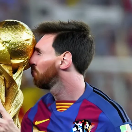 Prompt: messi kissing the soccer world cup trophy