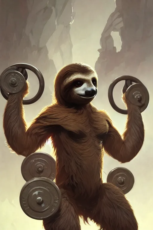 Image similar to anthro sloth lifting weights, dim dingy gym, dynamic pose, fantasy, intricate, elegant, highly detailed, digital painting, artstation, concept art, matte, sharp focus, illustration, art by artgerm and greg rutkowski and alphonse mucha