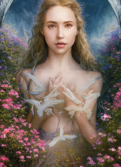 Image similar to portrait of a beautiful women with wings of lace in a lord of the rings scenery landscape, symmetrical body, face by artgerm, river, tall flowers, sunny day, highly detailed, perfect lighting, perfect composition, 4 k, by alan lee, by derek zabrocki, by greg rutkowski