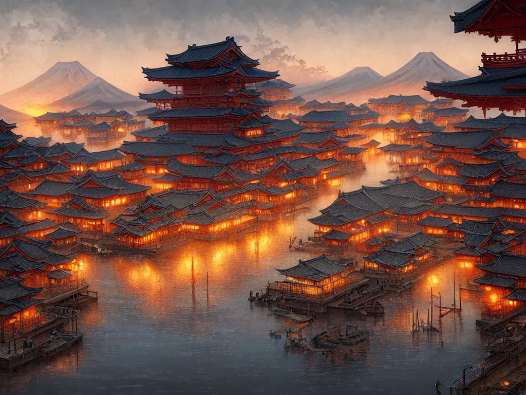 Prompt: old japanese small town viewed from harbor, d & d digital painting, intricate details, ultra realistic, beautiful, volumetric lighting, warm colors advance, cell shading, by james jean, greg rutkowski, gerald brom, wlop